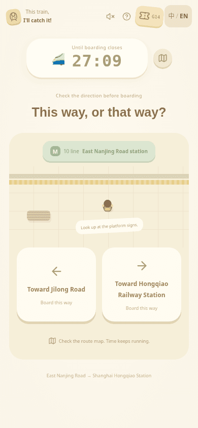 Two English metro direction choices in the phone layout of Catch That Train, beneath a live boarding countdown.
