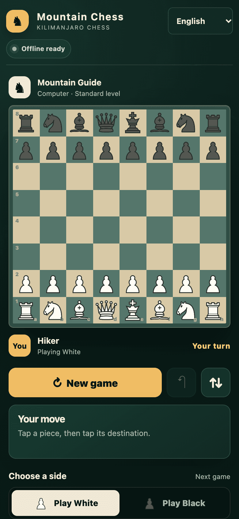 The live Mountain Chess app in English, with its offline-ready indicator, chessboard, local computer opponent and game controls.