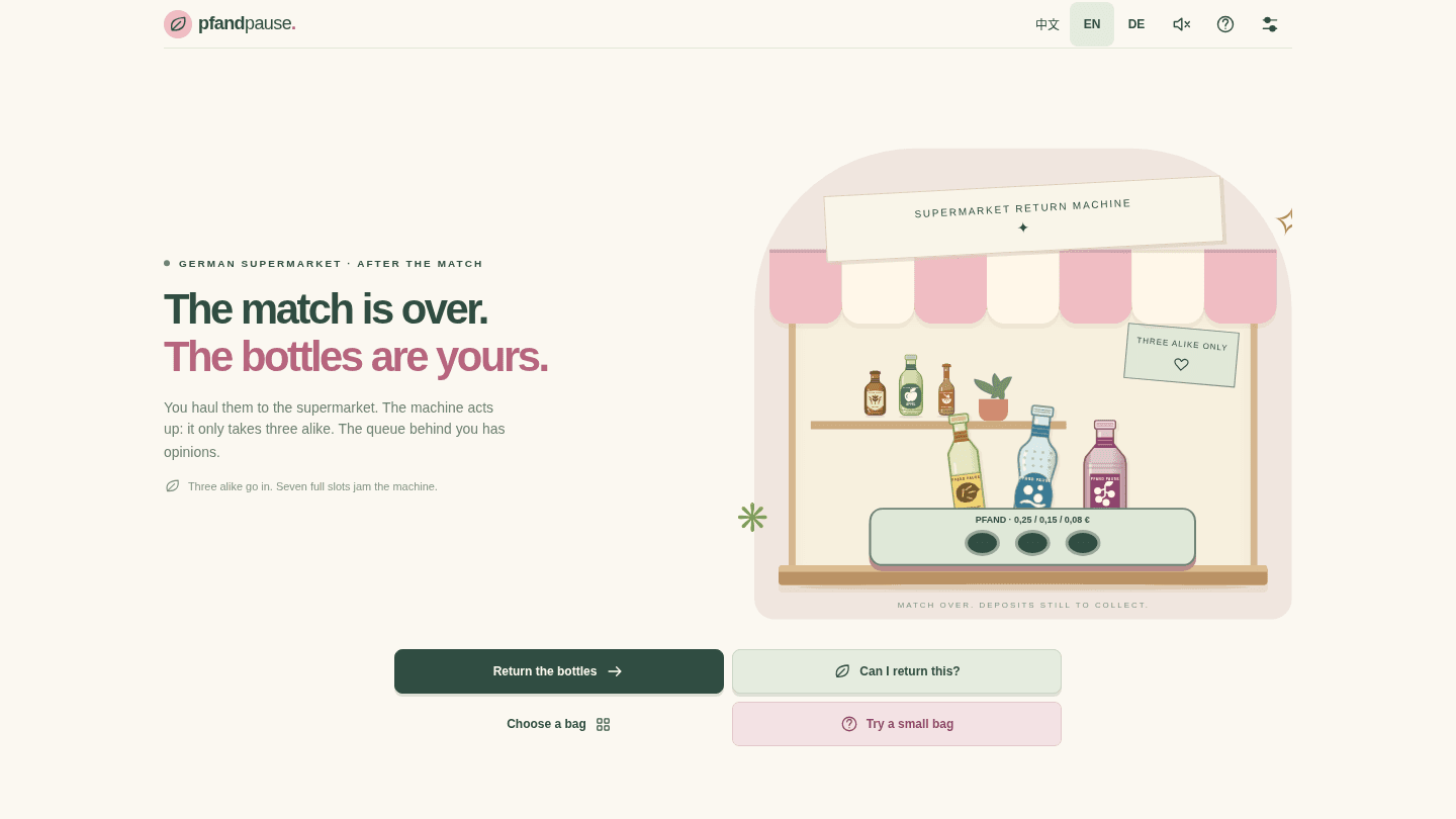 Pfand Pause 2.0 in English on a desktop browser, with its supermarket bottle-return illustration and game and recycling-guide entries.