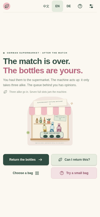 Pfand Pause 2.0 start screen in a 390 by 844 mobile browser viewport, with its bottle-return illustration and touch controls.